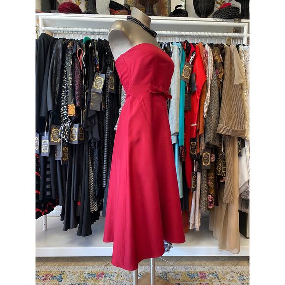 vintage 1990s red silk strapless dress a-line bow waist size small y2k gilmore - Picture 4 of 8